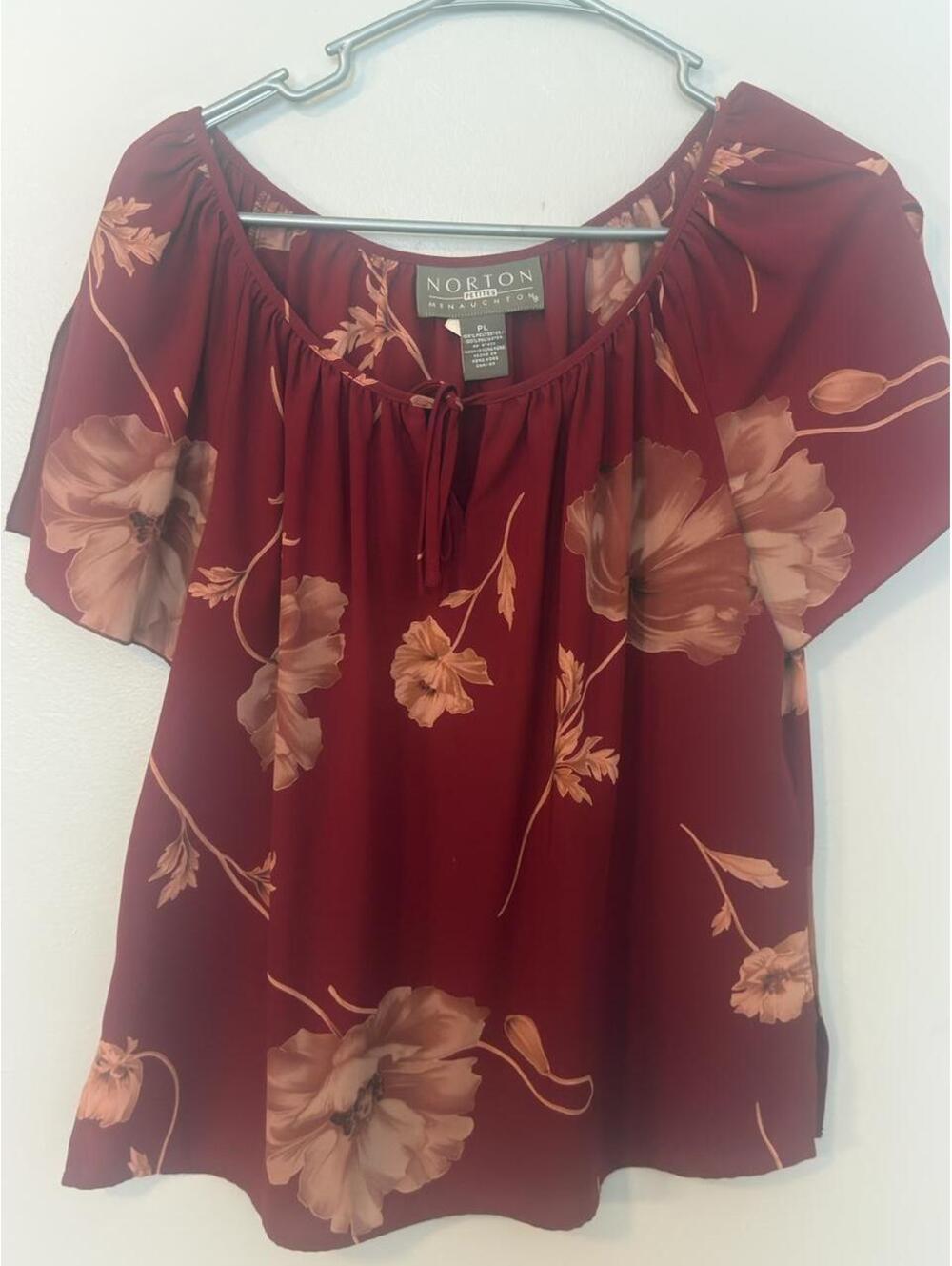 Norton Petite Burgundy Floral Blouse with Brown Floral Print